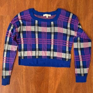 Say What? Vibrant Blue Pink Black Gray Plaid Long Sleeve Cropped Sweater